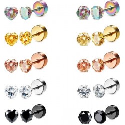 10 Pairs Stainless CZ Stud Earrings For Women Men Tragus Helix Round Heart Cubic Zirconia Flat Back Screw Back 20G Ear Piercing Set 2MM-5MM